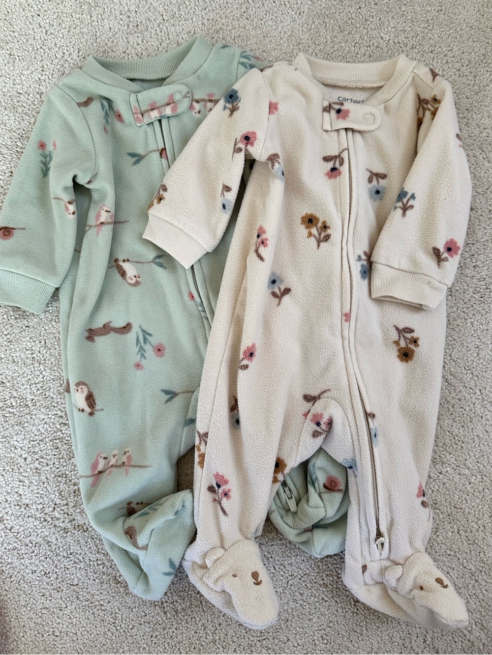 Carter's Mint Green and Cream Floral Fleece Footed One-Pieces (2-Pack)